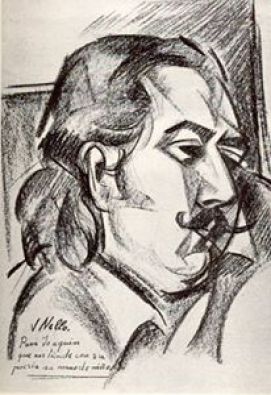 Retrato que le hizo a J.Brotóns, el pintor, paisano y amigo Vicente Nello. Dibujo a sanguina, 45x35 (1978), que, junto a los dibujos que realizó se publicaron en el libro de Brotóns: "Las máscaras del Desamor" (1978).