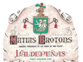 Una vieja etiqueta de las desaparecidas bodegas familiares: "Matías Brotóns y Hermanos", en Valdepeñas, que se empezó a utilizar hacia 1975, en botellas de tres cuarto del litro, en vinos de Reserva.