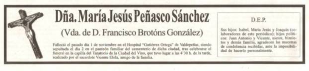 Necrológica de la madre del poeta Joaquín Brotóns, publicada en el periódico:" Canfali", el viernes, 12 de Noviembre de 2004.