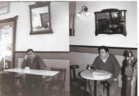 Joaquín Brotóns en Valdepeñas, en el:"Café Local", degustando café y vino tinto, en dos fotografías realizadas el mismo día, en los años 90. Foto: José Luis Pardo.