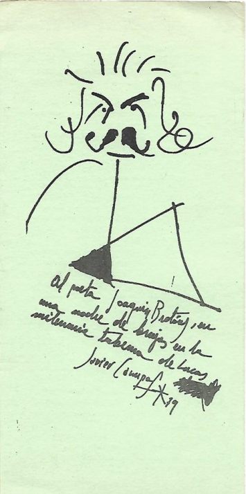 Caricatura que le hizo a J. Brotóns en 1979 el pintor y diseñador Javier Campos, paisano y amigo; obra, que se publicó en la invitación que: Ediciones Participación, hizo para la presentación del libro de Brotóns: "Amor, deseo y desencanto" (1979), que tuvo lugar en Madrid, en la Librería Futuro", donde le presentó el escritor valenciano, Raúl Carbonell Sala.
