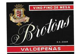 Etiqueta de las desaparecidas bodegas familiares "Matías Brotóns y Hermanos", en Valdepeñas (Castilla-La Mancha). Dicha etiqueta se utilizaba en las botellas de vino tinto de tres cuartos de litro. Hacia 1966.