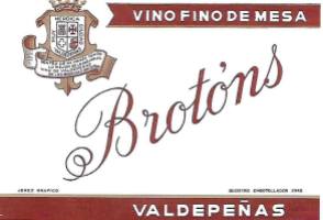 Etiqueta de las bodegas familiares "Matías Brotóns y Hermanos", en Valdepeñas (Castilla-La Mancha). Spain, que se utilizó en botellas de tres cuartos de litro de vino tinto, en los años 60-65 del pasado siglo.