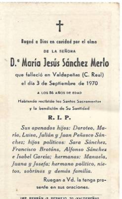 Recordatorio de la muerte de la abuela materna del poeta Joaquín Brotóns Peñasco, fallecida en 1970.